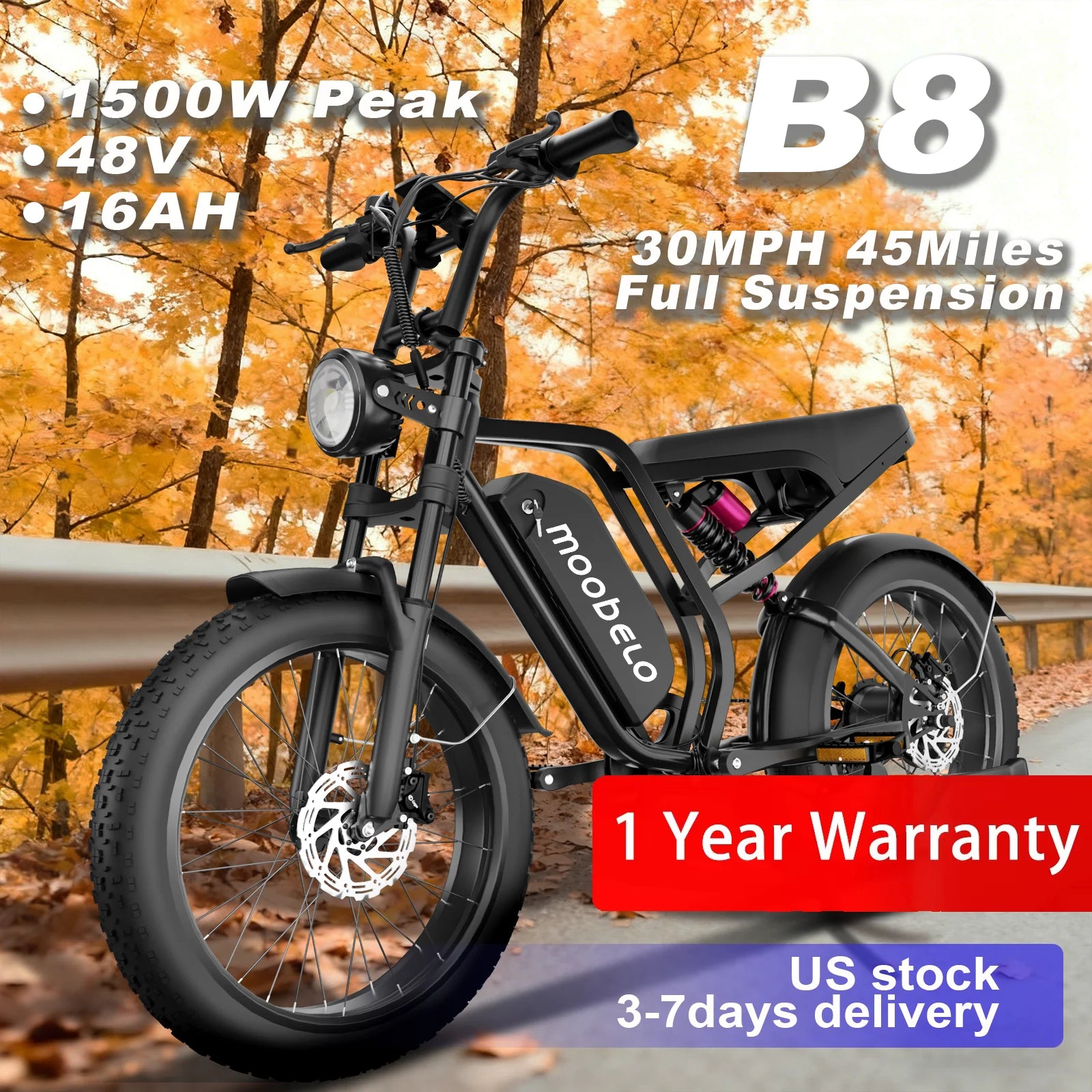 Moobelo B8 All-Weather Winter E-Bike 1500W Peak 30MPH High-Speed Full Suspension Commuter/Off-Road Snow Ebike 1-Year Warranty