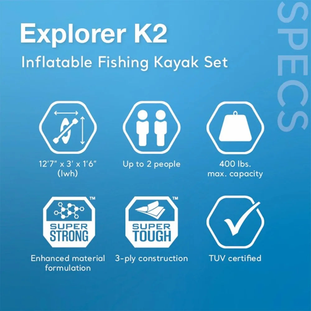 Inflatable 68309EP Excursion Pro K2 Inflatable Kayak Set: Includes Deluxe 86in Kayak Paddles and High-Output Pump – - NEW
