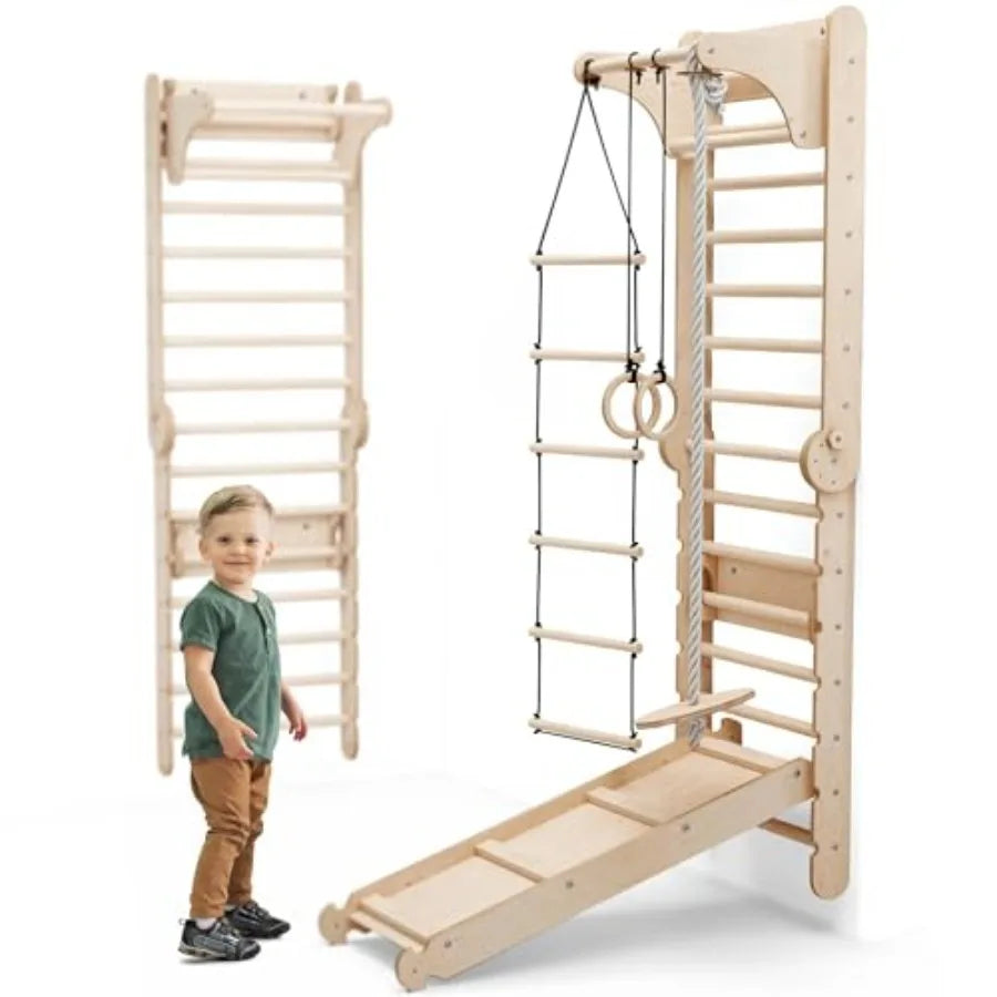6-in-1 ground for Wooden, Climbing Ladder, Slide, Swing, Gymnastics Rings, Rock Climbing Wall Jungle Gym Play Set for Ages 2-12