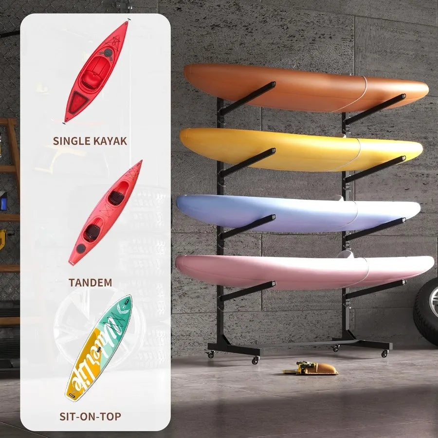 Heavy Duty Kayak Storage Rack with Wheels and Adjustable Feet Garage Outdoor Kayak Stand Holder for Kayaks Canoes Surfboard and