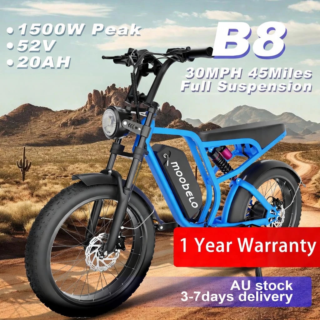Moobelo B8 All-Weather Winter E-Bike 1500W Peak 30MPH High-Speed Full Suspension Commuter/Off-Road Snow Ebike 1-Year Warranty