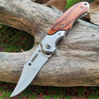 LED Light Folding Blade Knife with Wooden Handle for Hunting