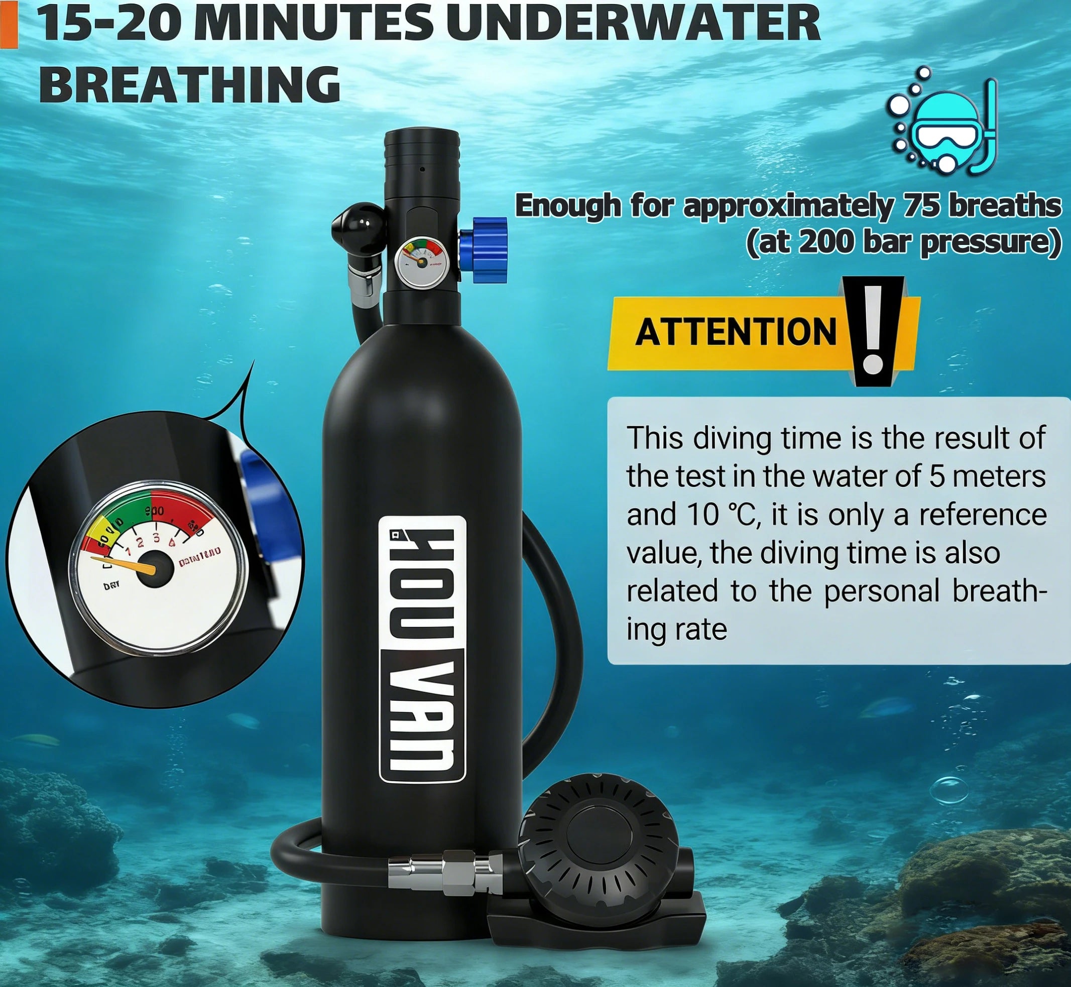 HOUVAN 1L Scuba tank for approximately 75 breaths underwater,compact and portable,suitable for outdoor travel,Unisex,gift choice