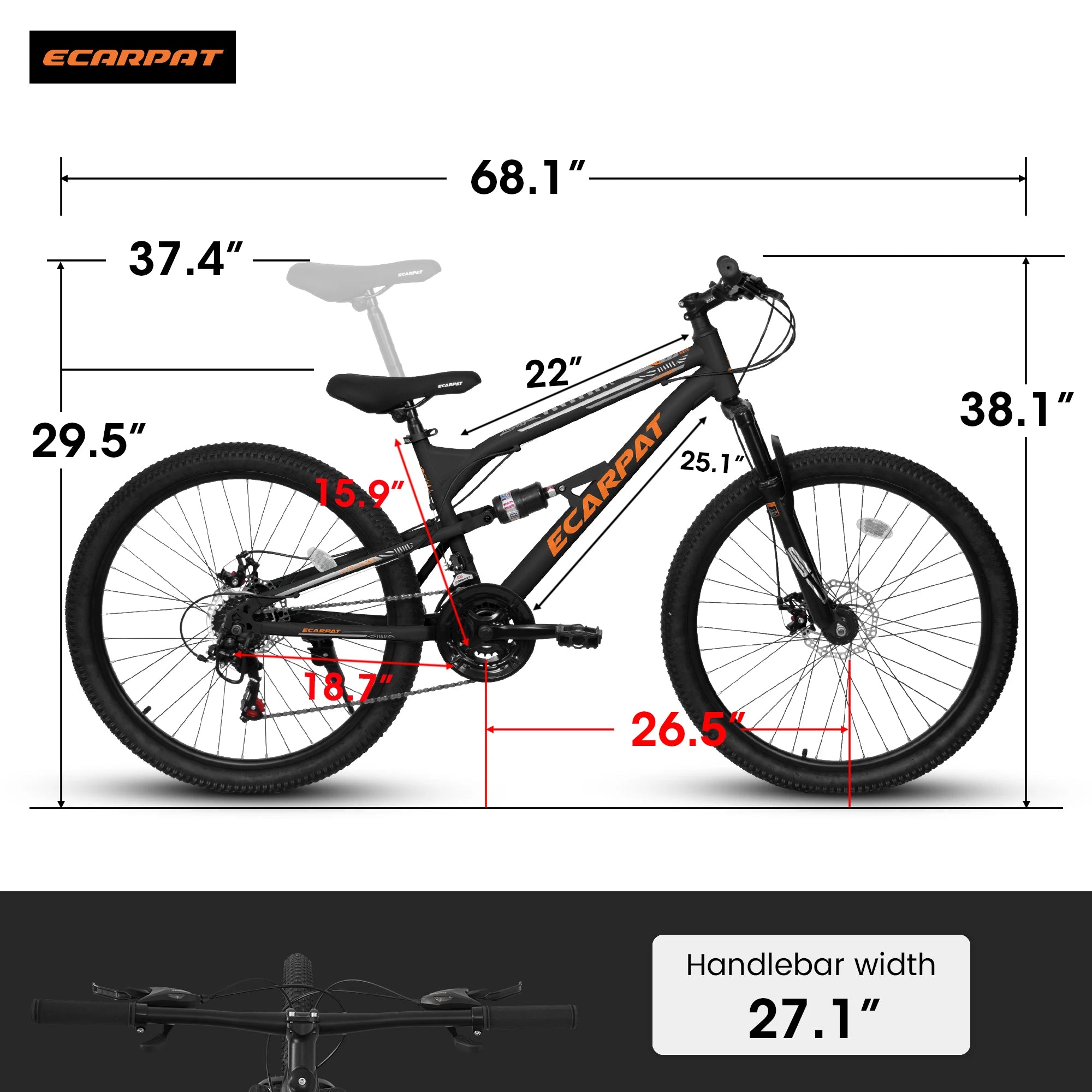 Ecarpat Mountain Bike 26 Inch Wheel, Dual Full Suspension 21-Speed Disc Brakes Thumb Shifter