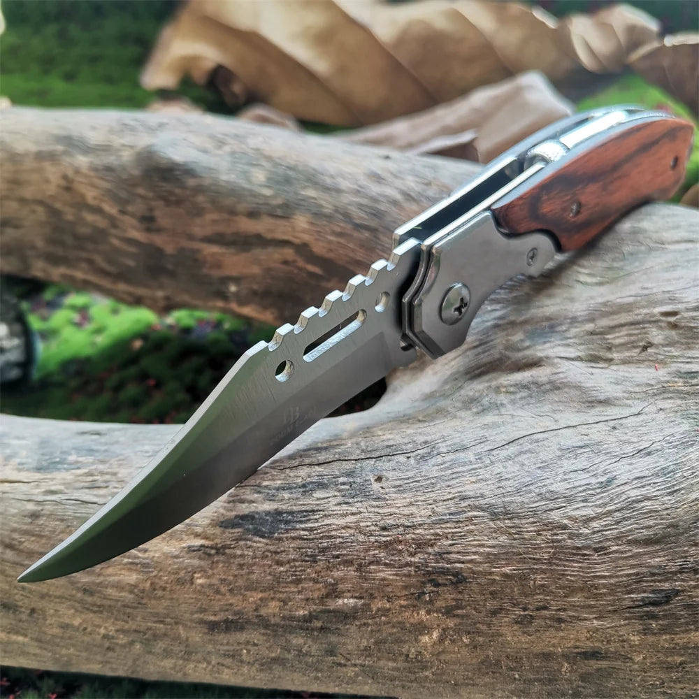 LED Light Folding Blade Knife with Wooden Handle for Hunting