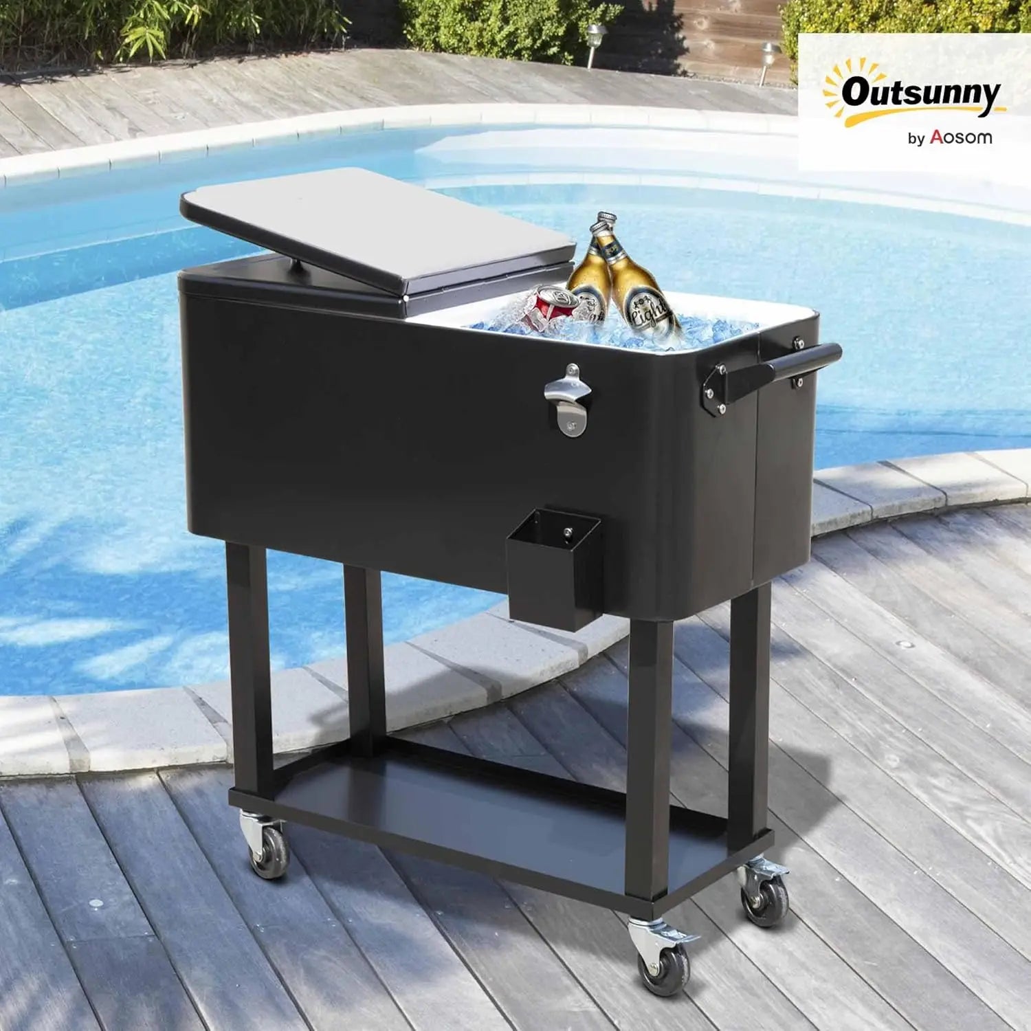 80 QT Rolling Cooling Bins Ice Chest on Wheels Outdoor Stand Up Drink Cooler Cart for Party, Black