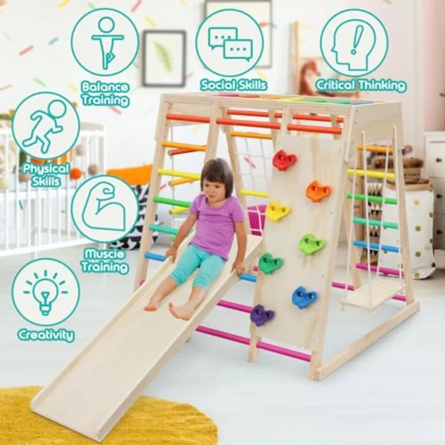 7 in 1 Pikler Indoor Playground Jungle Gym Playset, Wooden Montessori Climber with Slide, Rock Climb Wall, Monkey Bars, Rope La