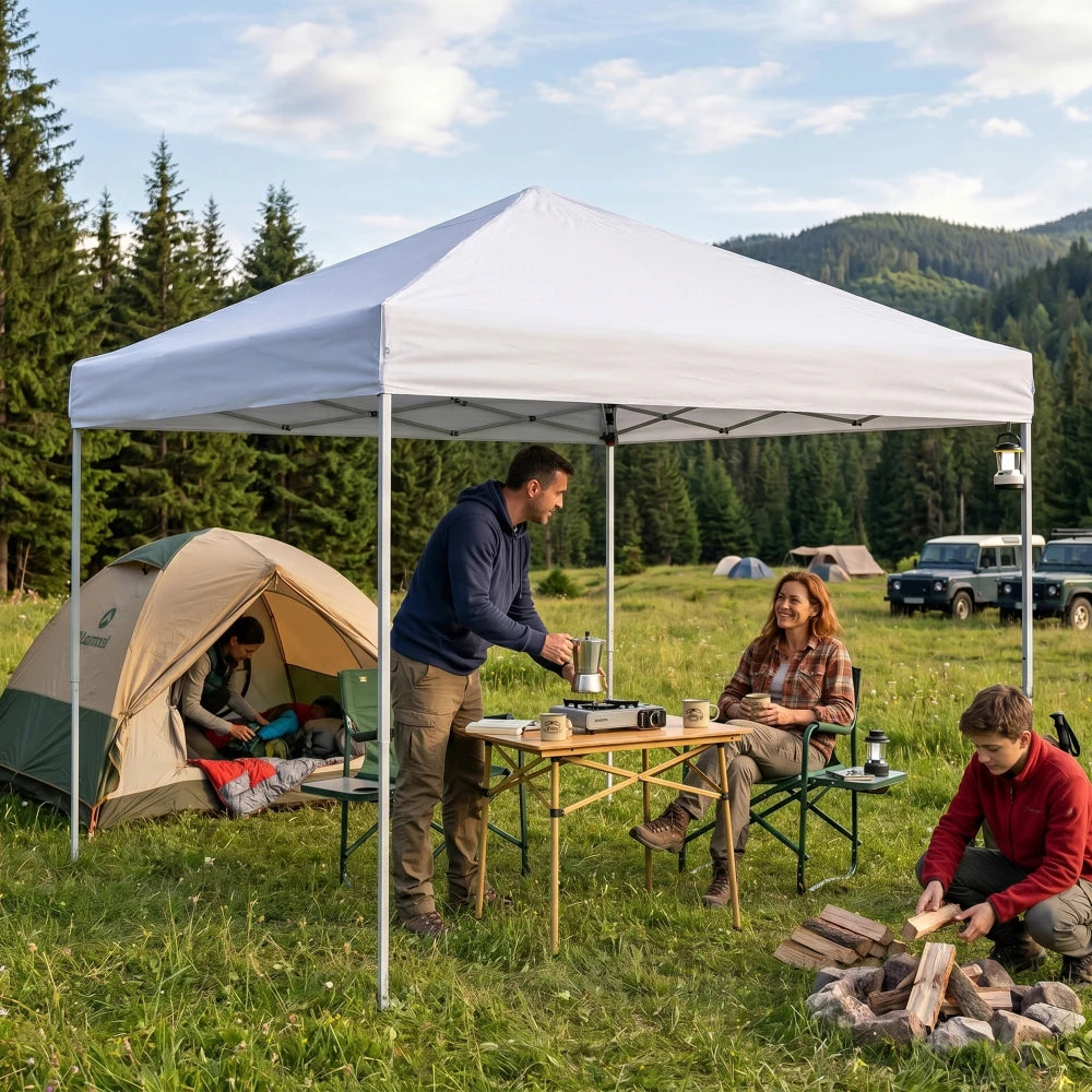 10x10 Pop Up Canopy Tent, Ivory White Steel Frame, Silver-Coated Top UPF50+ Water Resistant, 3 Adjustable Heights (5.8-6.4ft), Includes Sandbags Stakes Ropes Carry Bag for Market Camping Beach