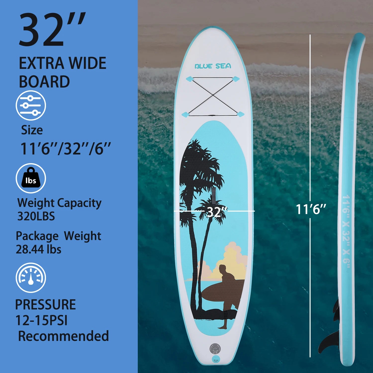 All-Around Inflatable SUP Board 11ft×32in for Adults for Yoga & Fishing on Lakes & Oceans Includes Paddle, Pump, Backpack & fin