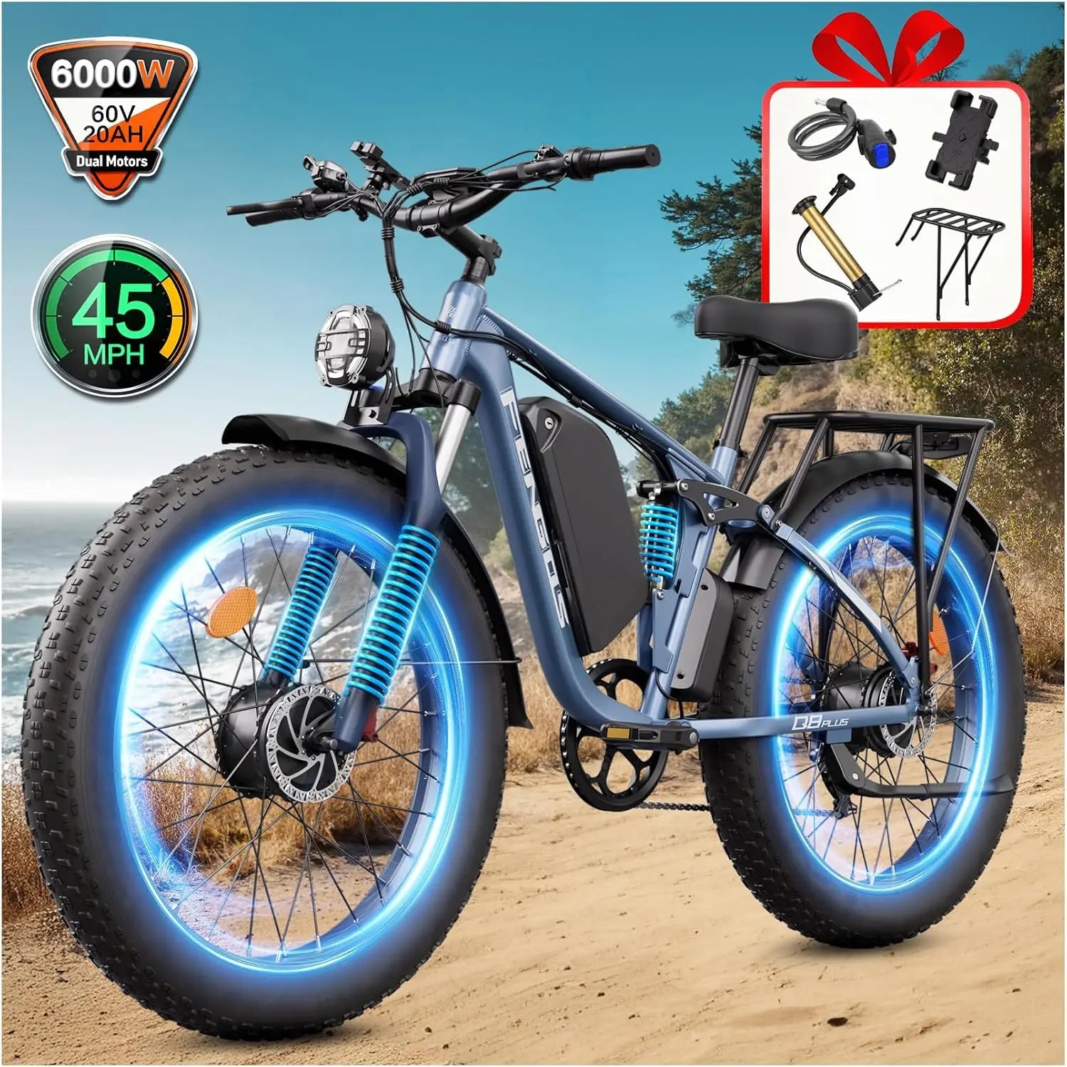FENGQS Q8PLUS 60V 6000W adult electric bicycle, long range 45 mph high-speed wide tire fully shock-absorbing mountain bike