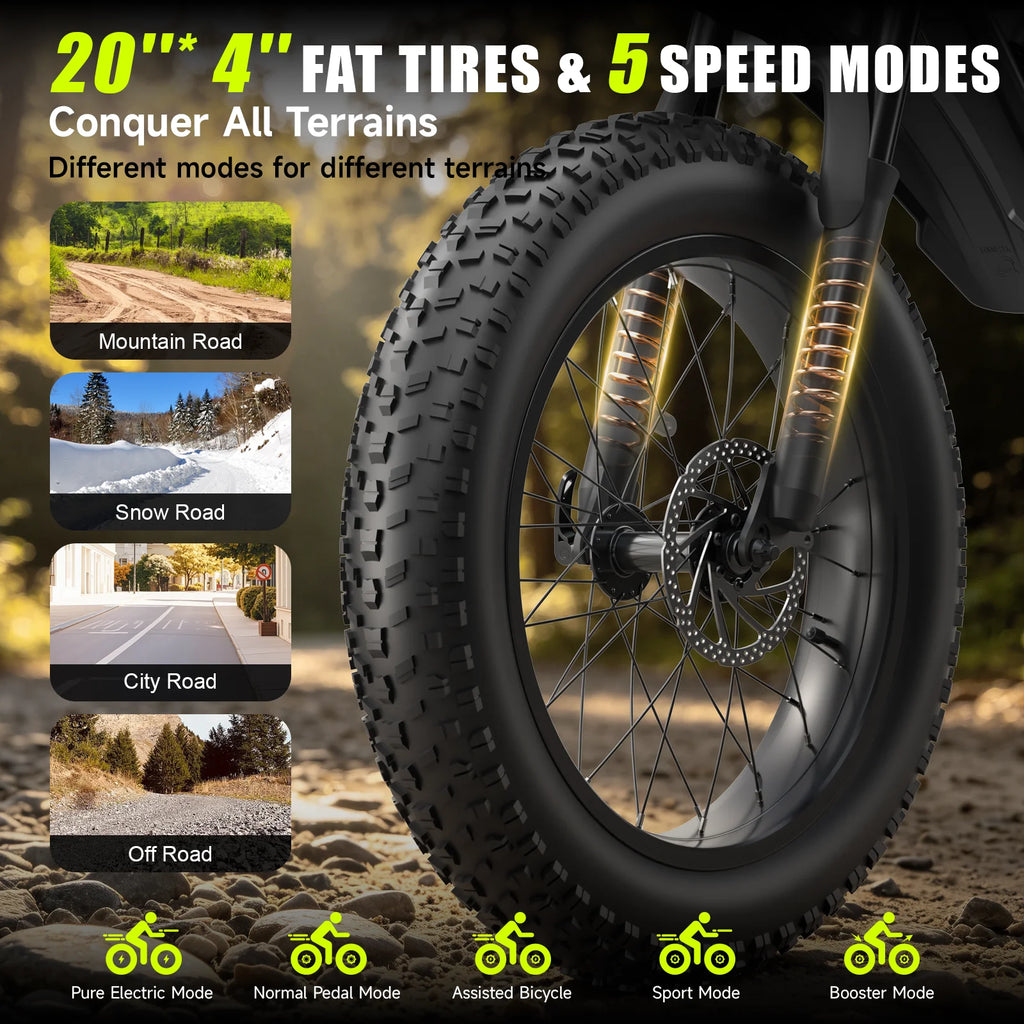 1000W Mountain Ebike 48V 15Ah Lithium Battery 31MPH Max Speed 65Miles Long Range Adult Off Road Electric Mountain Bike 20 inch