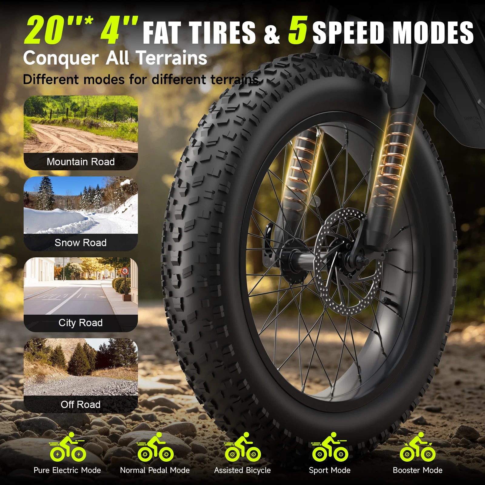 1000W Mountain Ebike 48V 15Ah Lithium Battery 31MPH Max Speed 65Miles Long Range Adult Off Road Electric Mountain Bike 20 inch