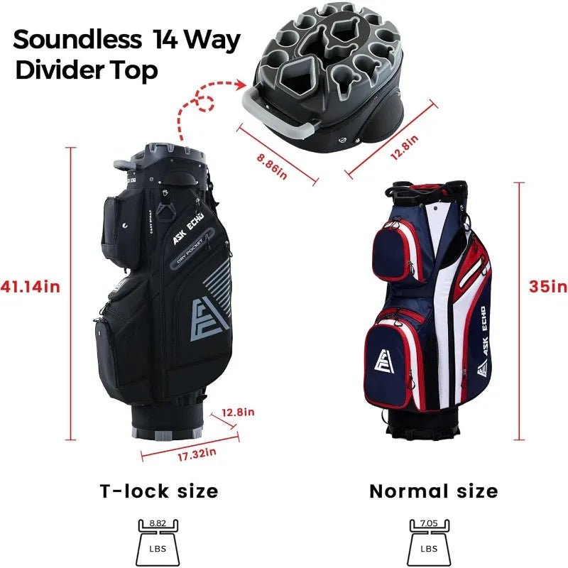 ASK ECHO T-Lock Golf Cart Bag with 14 Way Organizer Divider Top, Premium Cart Bag with Handles and Rain Cover, for Men