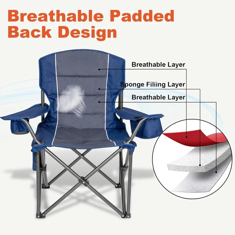 Oversized Camping Chairs,Heavy Duty Support 500 LBS,Padded Back & Arm Sport Chairs, Cup Holder Cooler Bag
