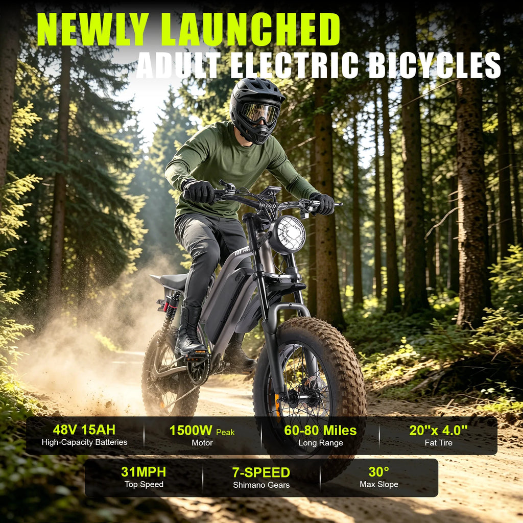 1000W Mountain Ebike 48V 15Ah Lithium Battery 31MPH Max Speed 65Miles Long Range Adult Off Road Electric Mountain Bike 20 inch