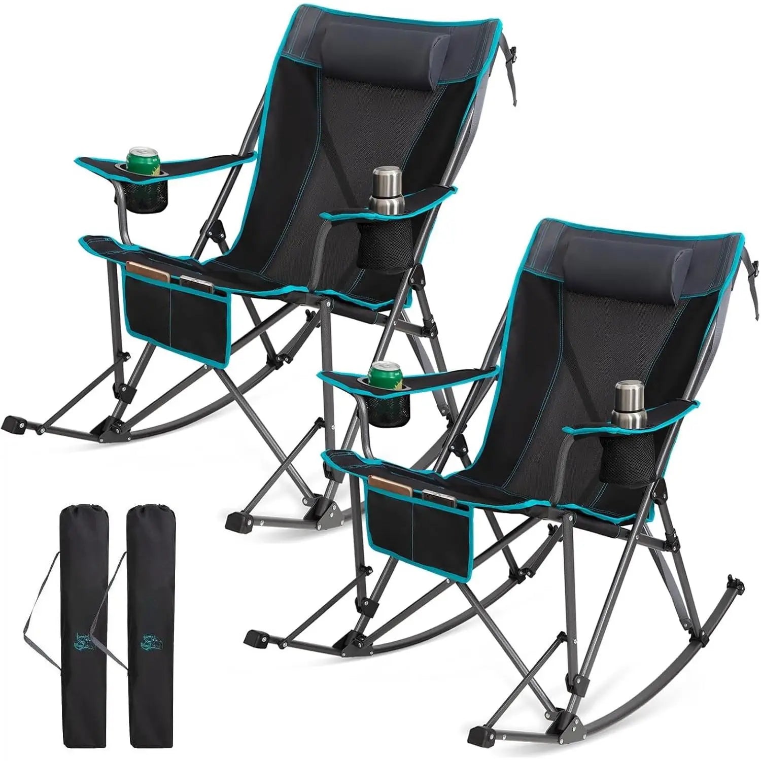 W_Rocking Camping Chair, 2 Pack High Mesh Back Portable Folding Camp Chairs with Pillows, Cup Holder and Carry Bag for Lawn