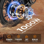 URLIFE 1000W E20 Electric Bike | 48V 13Ah Removable Battery, 20MPH, 20''X3" Fat Tire, 7-Speed E-Bike with Dual Disc Brake