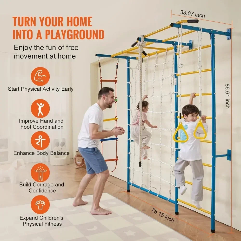 Indoor Jungle Gym for Toddlers, 7-in-1 Climbing Playset with Carbon Steel Swedish Ladder, Wall Ladder, Pull-Up Bar, Rope Ladder
