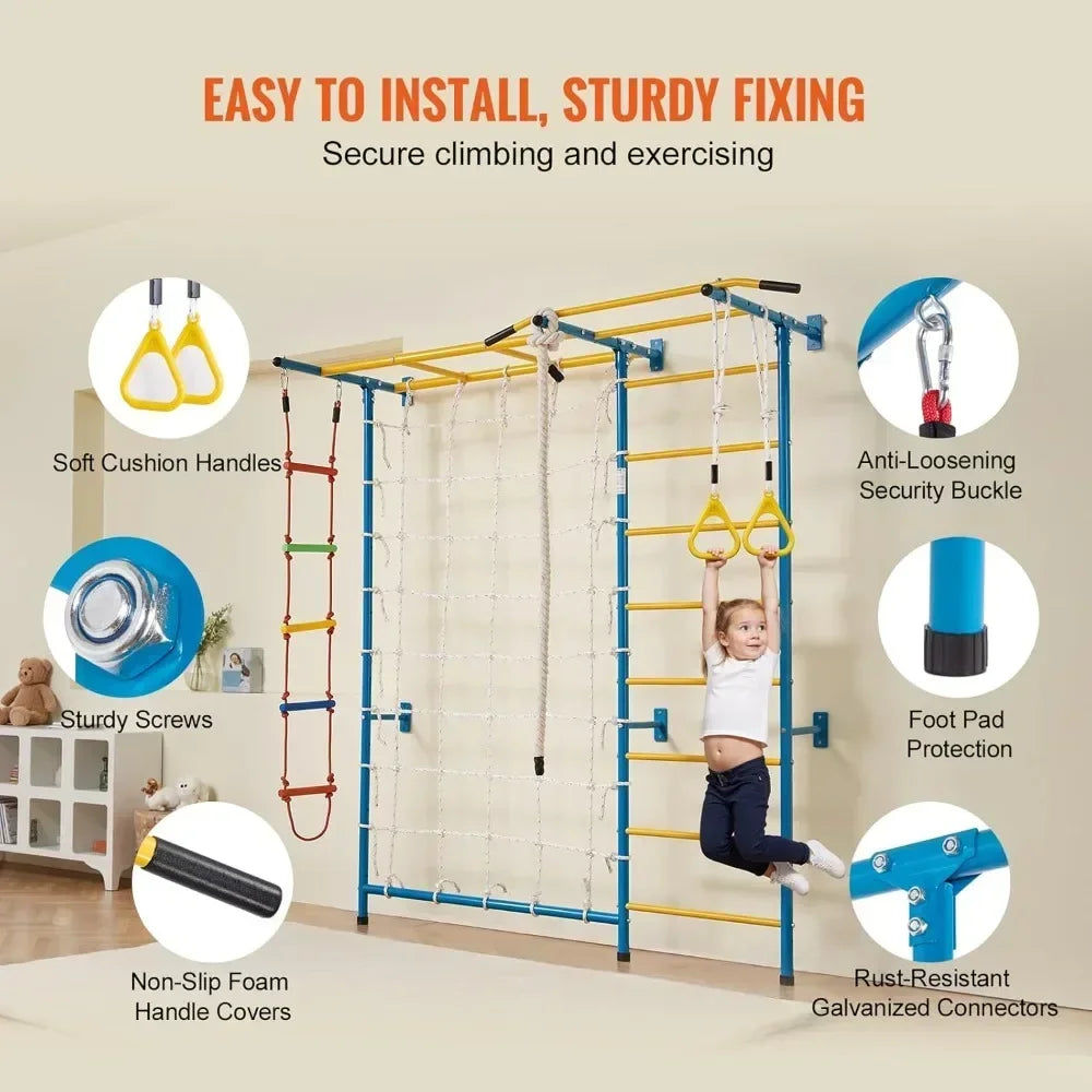 Indoor Jungle Gym for Toddlers, 7-in-1 Climbing Playset with Carbon Steel Swedish Ladder, Wall Ladder, Pull-Up Bar, Rope Ladder