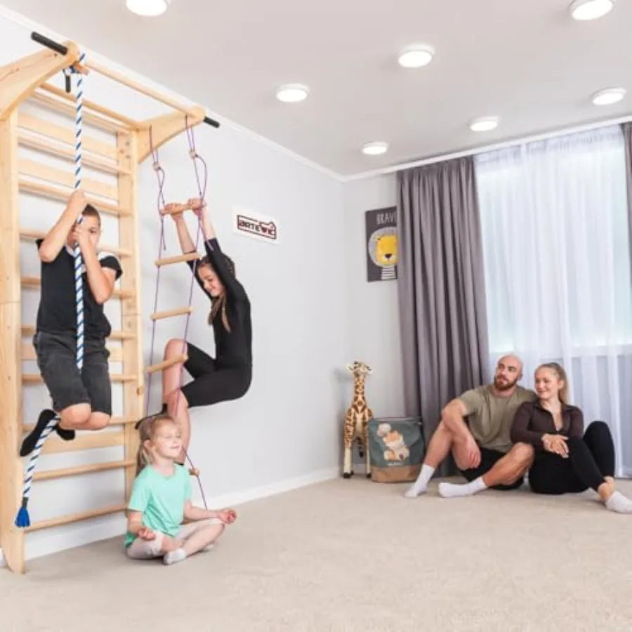 Swedish Ladder Wall Bars with Pull-Up Bar, Dip Station and Accessories for and Adults Wooden Stall Bars Home Gym with Gymnastic