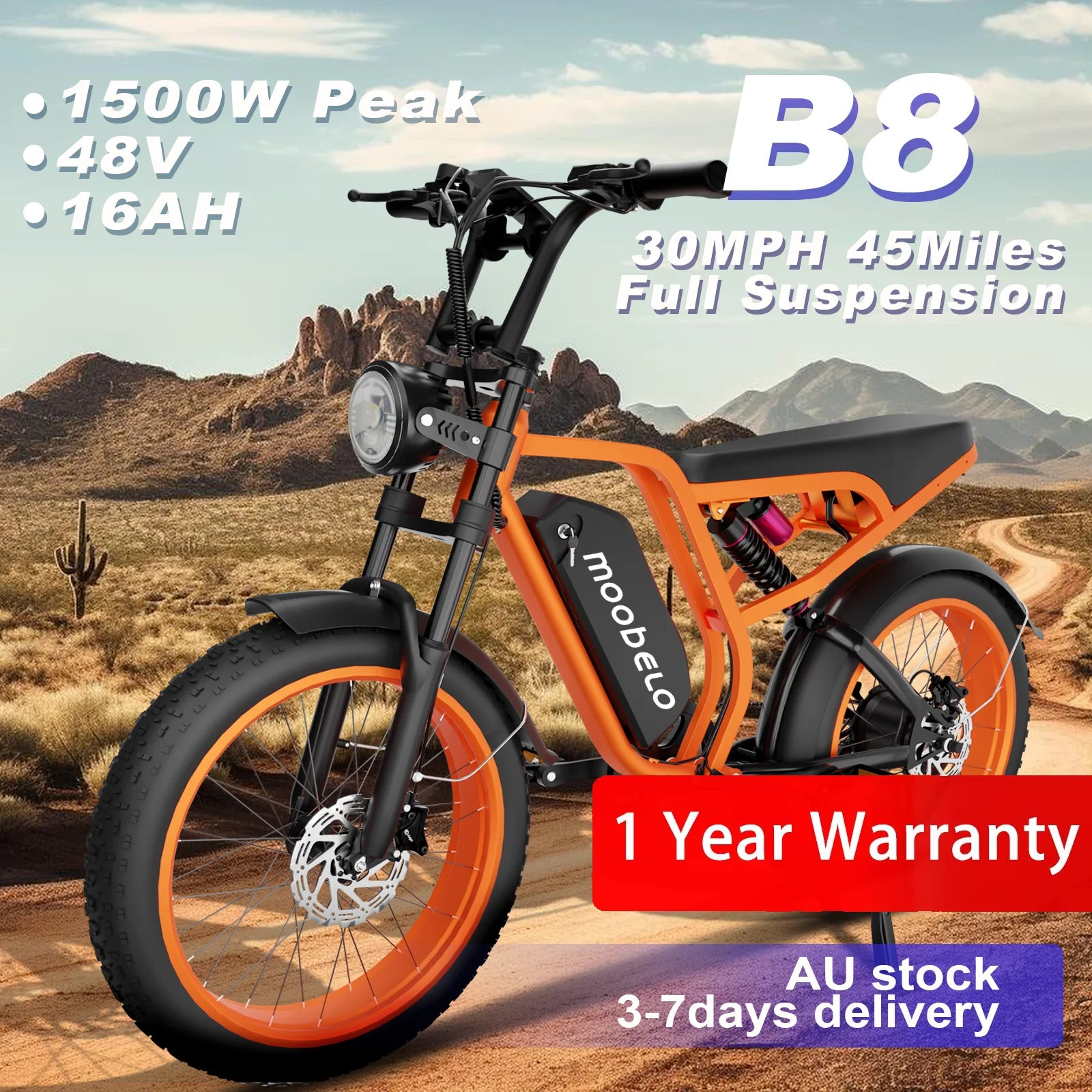 Moobelo B8 All-Weather Winter E-Bike 1500W Peak 30MPH High-Speed Full Suspension Commuter/Off-Road Snow Ebike 1-Year Warranty