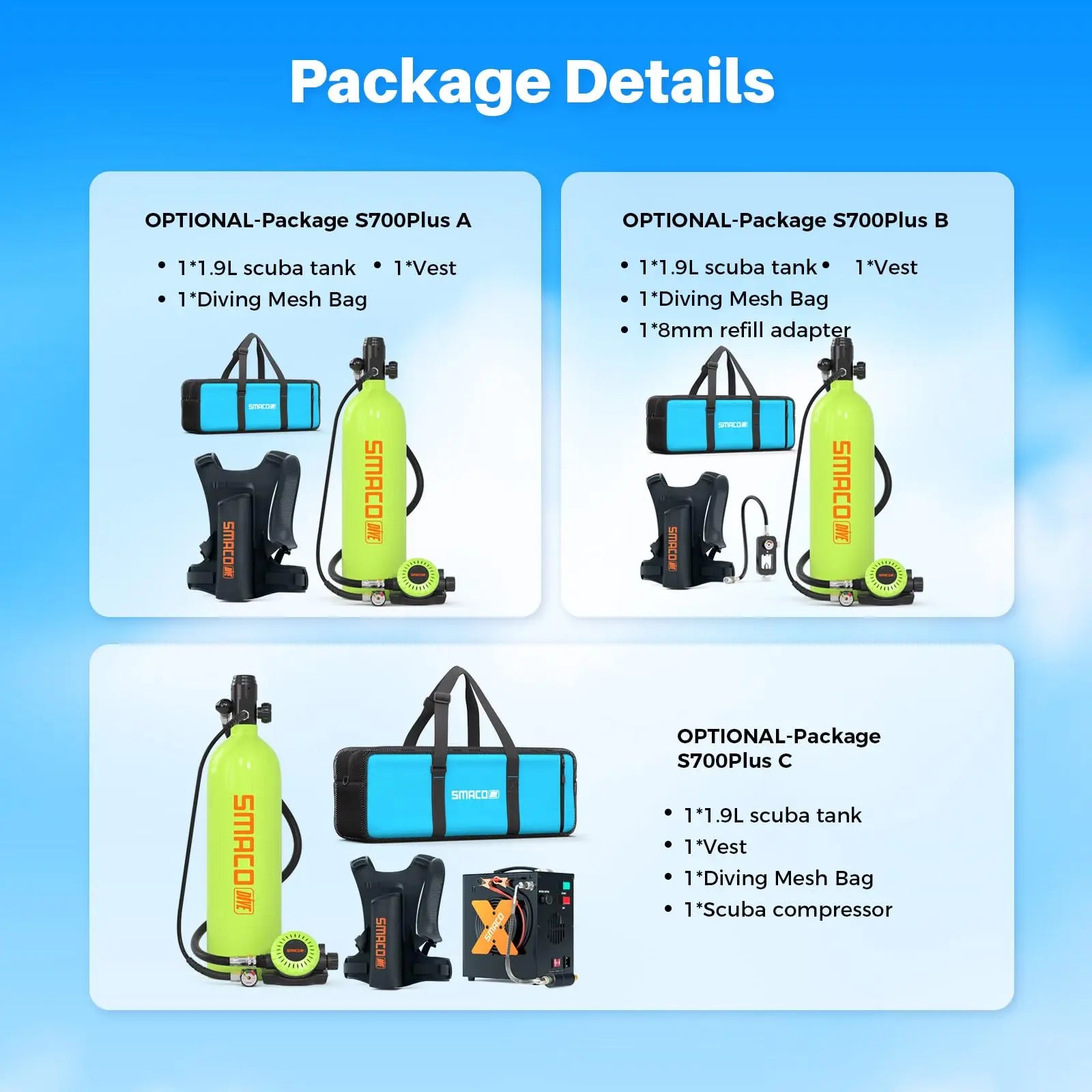 SMACO S700 Plus 1.9L Professional Diving Cylinder Fast Local Dispatch Local Delivery For Deep Diving Outdoor Underwater Sports P