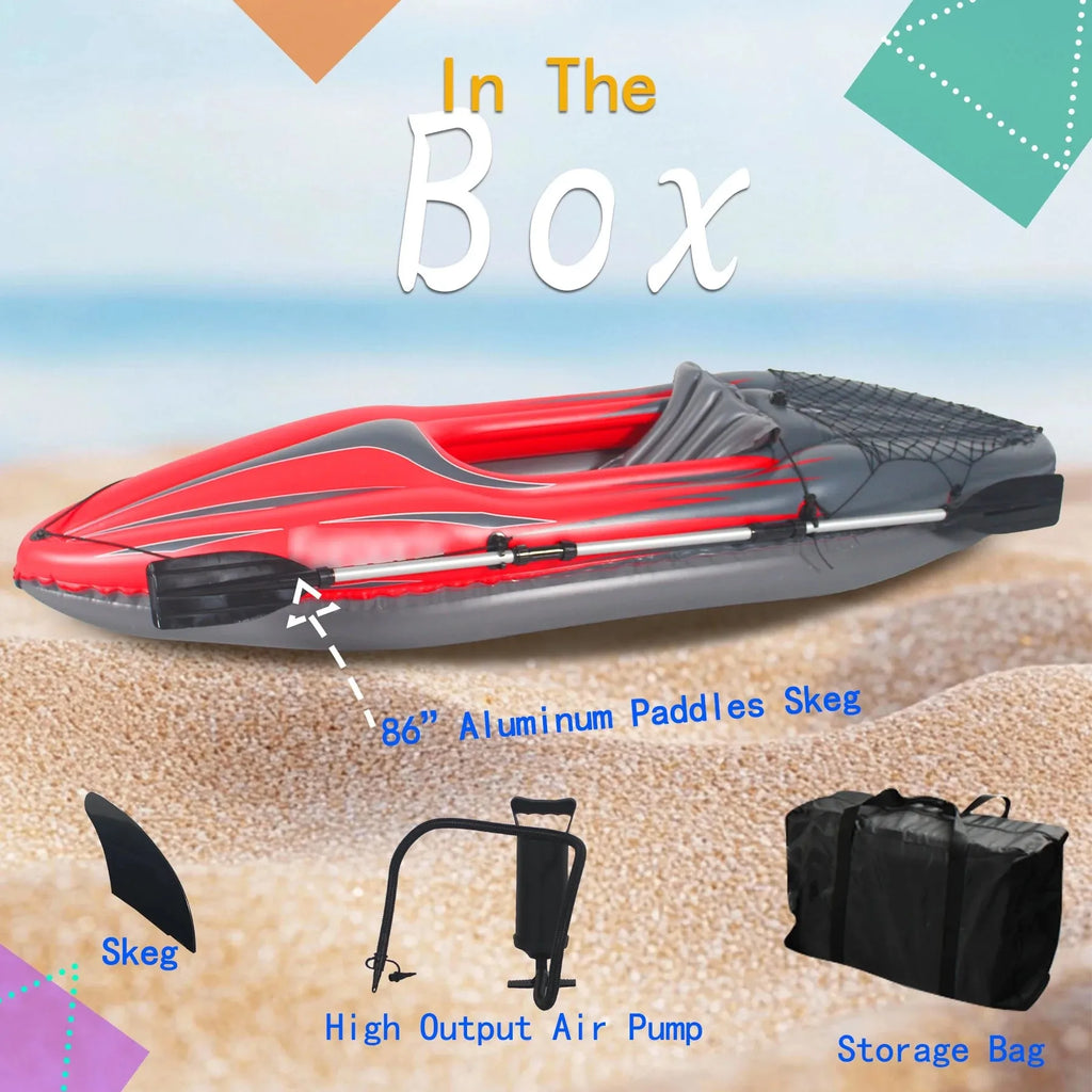 Inflatable Kayak Fishing Boat 1 Person Adult Red Canoe, with Paddles, Bag, Seats, High-Output Pump, Fin, for Lakes & Rivers