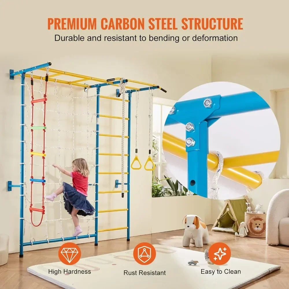 Indoor Jungle Gym for Toddlers, 7-in-1 Climbing Playset with Carbon Steel Swedish Ladder, Wall Ladder, Pull-Up Bar, Rope Ladder