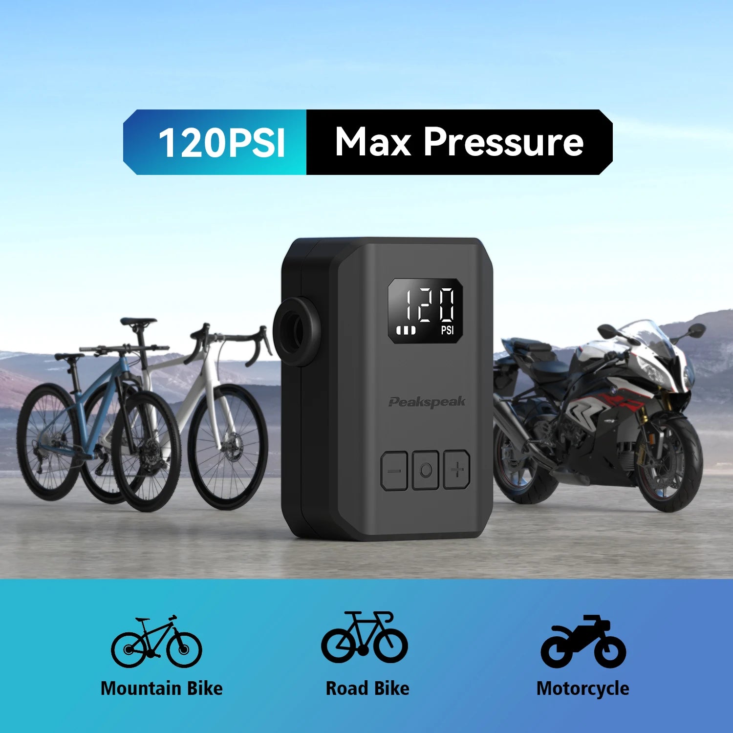 [2026 NEW] Peakspeak AS260PRO Electric Mini Bike Pump 600mAh Battery 120PSI Max Bike Cordless Tire Inflator with LED Display