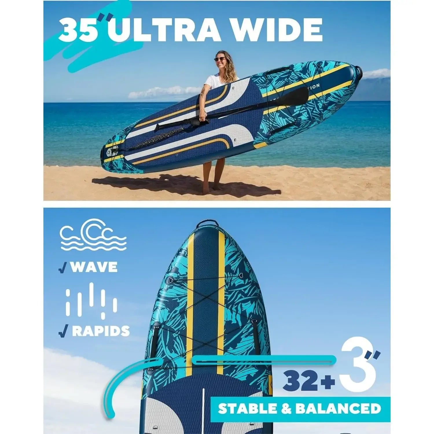 W_11'6*35" Super Wide Inflatable Paddle Board, Ultra Stable Stand Up Paddleboards for 450lb/3 People/Family/Big