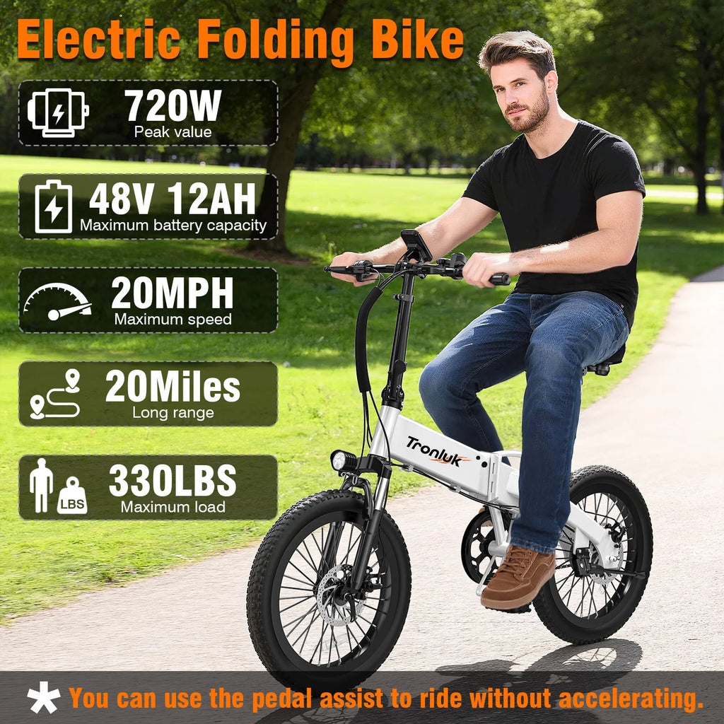 Youth adult electric bicycle 720W peak 48V12AH 20 inch * 2.4 road tire 5-speed with assisted riding 20MPH urban commuting