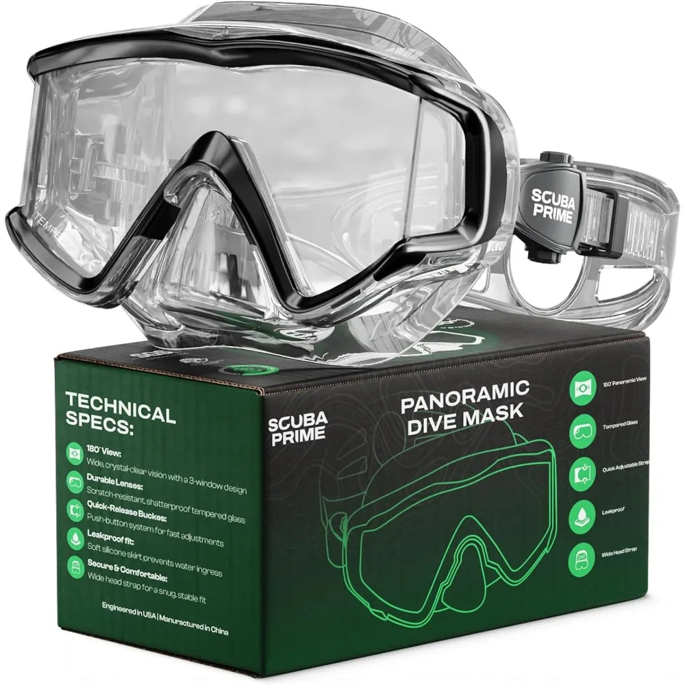 Pano 3 Scuba Diving Mask, Tempered Glass Snorkel Mask Three-Window Scuba Mask No Leak Dive Mask Silicone