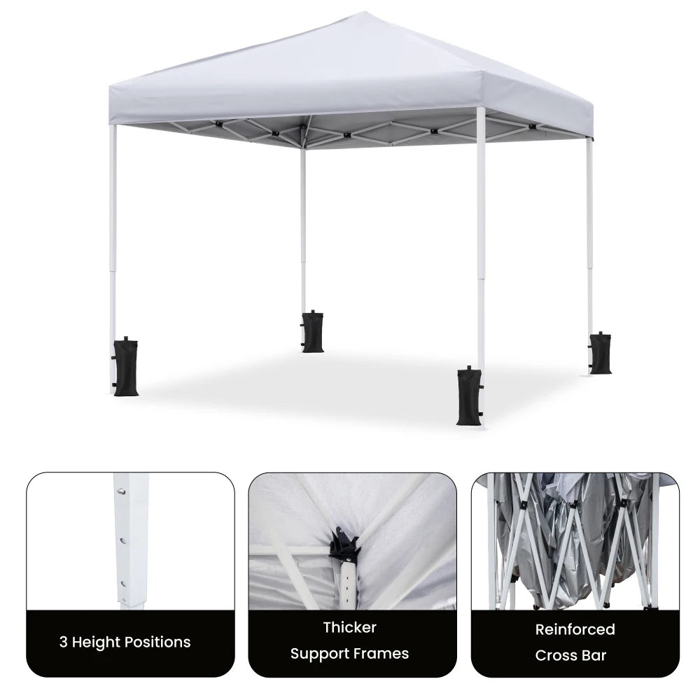10x10 Pop Up Canopy Tent, Ivory White Steel Frame, Silver-Coated Top UPF50+ Water Resistant, 3 Adjustable Heights (5.8-6.4ft), Includes Sandbags Stakes Ropes Carry Bag for Market Camping Beach