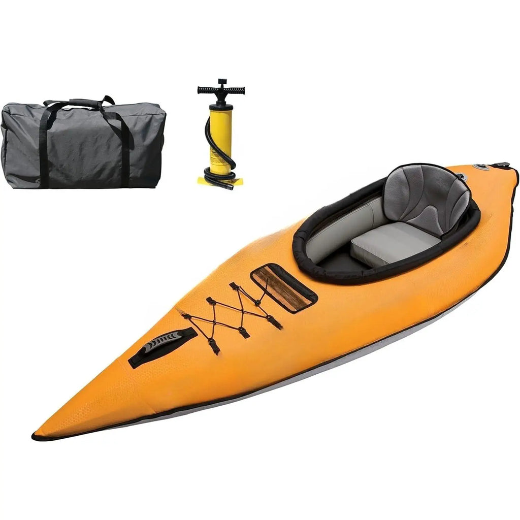 Rubber molded handle | Bungee deck lacing | Inflatable Coaming for Spray Skirt | Paddle holder | Mesh pocket | Spring Valve