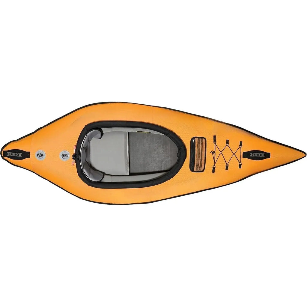 Rubber molded handle | Bungee deck lacing | Inflatable Coaming for Spray Skirt | Paddle holder | Mesh pocket | Spring Valve