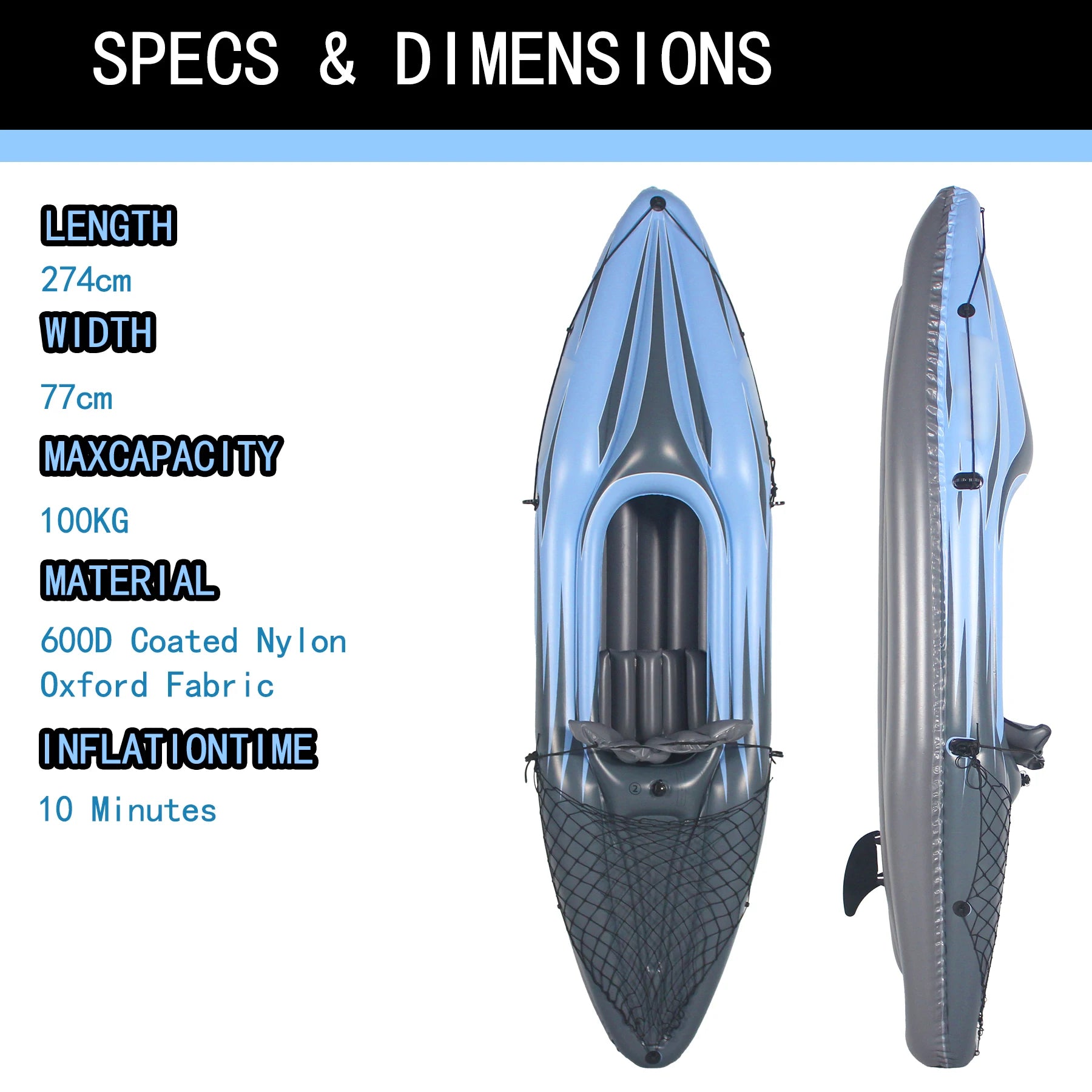 Inflatable Kayak Fishing Boat 1 Person Adult Blue Canoe, with Paddles, Bag, Seats, High-Output Pump, Fin, for Lakes & Rivers
