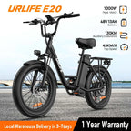 URLIFE 1000W E20 Electric Bike | 48V 13Ah Removable Battery, 20MPH, 20''X3" Fat Tire, 7-Speed E-Bike with Dual Disc Brake
