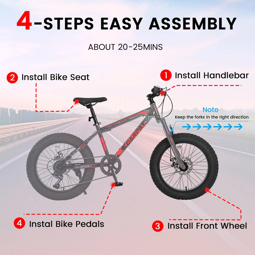 20 Inch Fat Tire Kids Mountain Bike, 4.0" Wide Non-Slip Fat Tires, 7-Speed Disc Brake, Boys Girls Outdoor Kids' Bicycles Gift