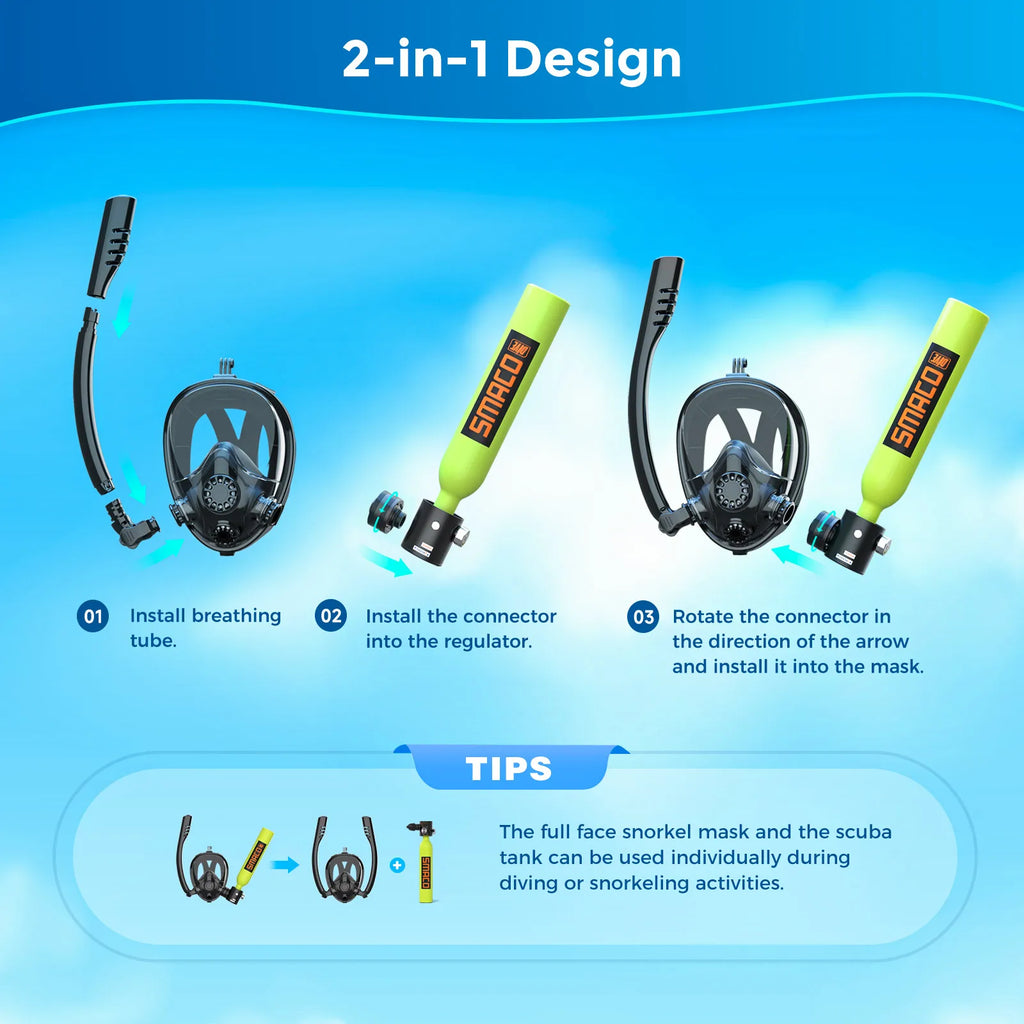 SMACO Mini Scuba Tank with Snorkel Mask 0.5L Portable Small Diving Tank with Full Face Diving Mask Reusable Pony Bottle Diving
