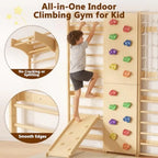 9-in-1 Swedish Ladder Wall Gym and Climber, 94.5'' Wooden Wall-Mounted Climbing Set with Double-Sided Slide, Swing, Rope, Rings