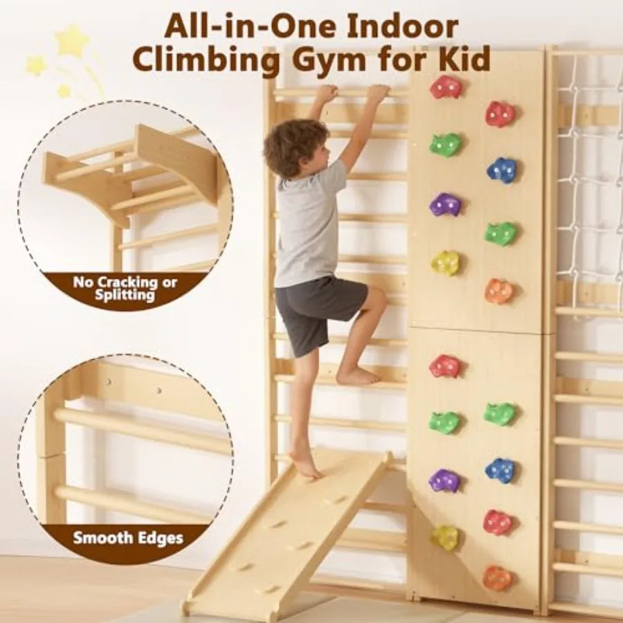 9-in-1 Swedish Ladder Wall Gym and Climber, 94.5'' Wooden Wall-Mounted Climbing Set with Double-Sided Slide, Swing, Rope, Rings