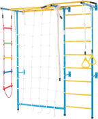 Indoor Jungle Gym for Toddlers, 7-in-1 Climbing Playset with Carbon Steel Swedish Ladder, Wall Ladder, Pull-Up Bar, Rope Ladder