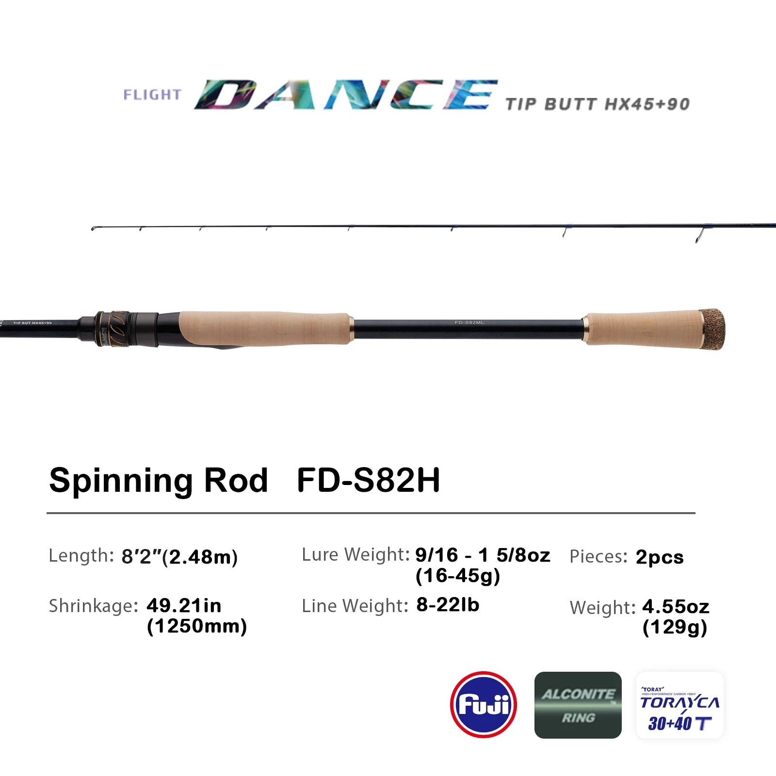 PURELURE Flight Dance Spinning Rod & Baitcaster Rod 30T+40T Carbon Fiber Fishing Rods 2 Piece Fuji Alconite/Fazlite Guides Fuji Reel Seat ML/M/MH/H Power Shore Fishing for Bass