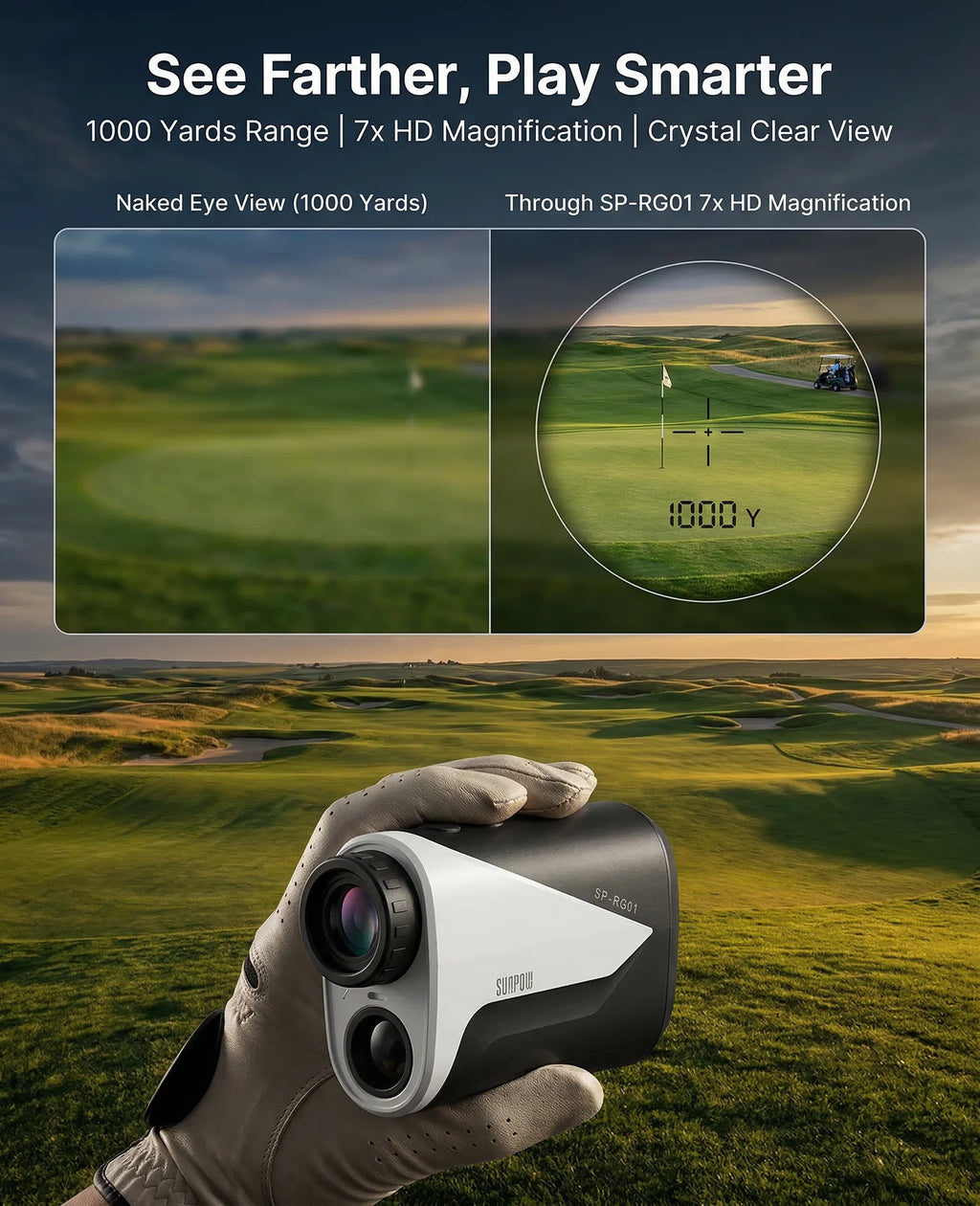 Golf Rangefinder with Slope -1000 Yards Range Finder with Flag Pole Locking Vibration-7X Magnification Rechargeable Golf Range Finders for Hunting