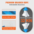 SucceBuy 12.7mm Static Climbing Rope 125/150/200 ft Outdoor Climbing Rope 30KN Breaking Tension Fiber Rope w/ Steel Snap Hooks