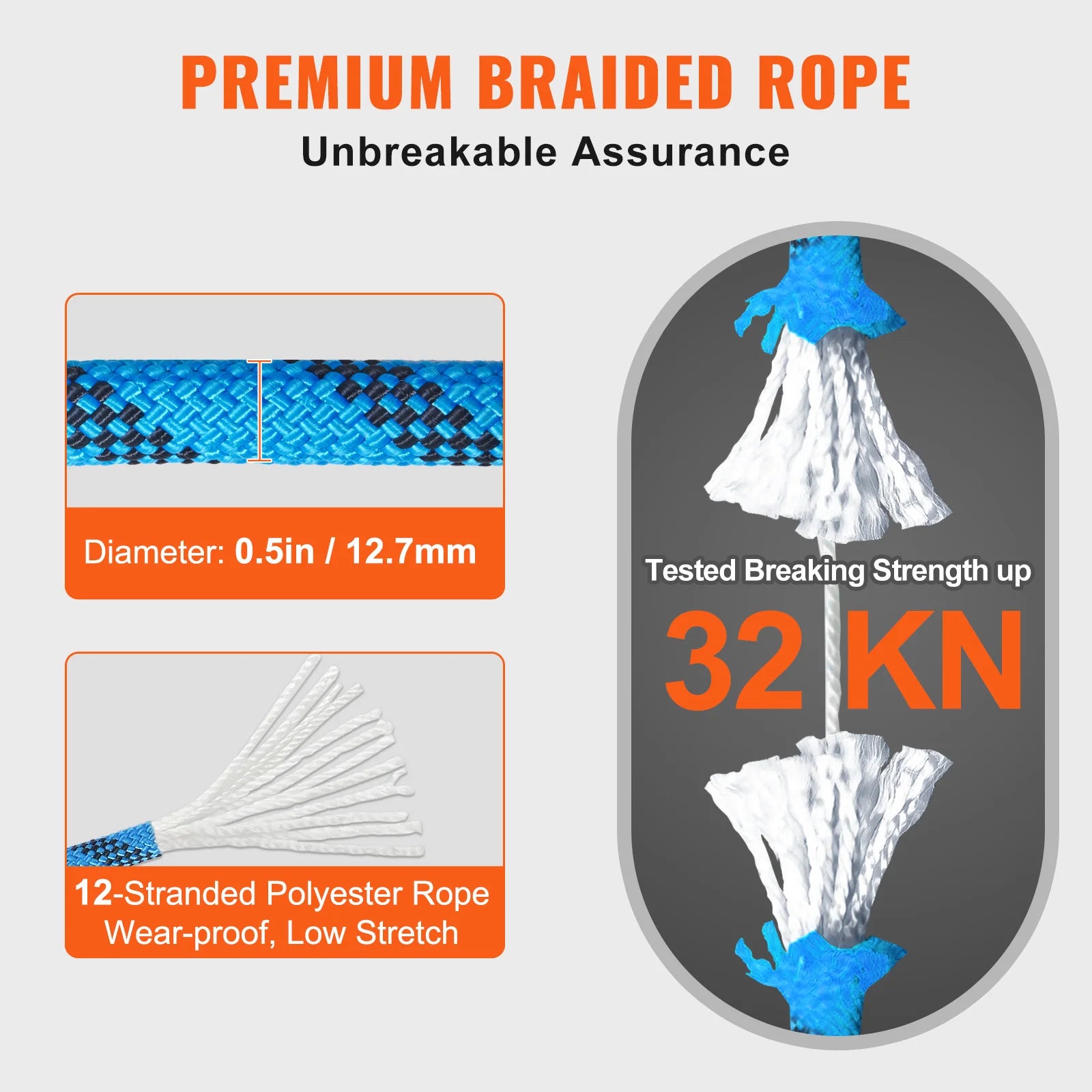 SucceBuy 12.7mm Static Climbing Rope 125/150/200 ft Outdoor Climbing Rope 30KN Breaking Tension Fiber Rope w/ Steel Snap Hooks