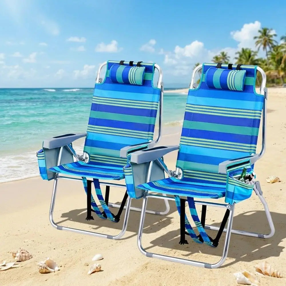 16" Tall Beach Chairs or Adults,2-Pack Lightweight Backpack Chair with 5-Position,Cooler Bag,Cup Holder,Towel Rack，Suitable or C
