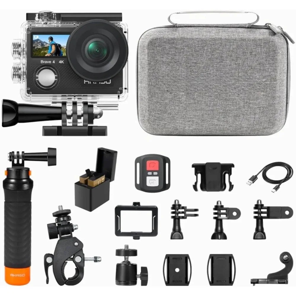AKASO Brave 4 Action Camera with Waterproof Floating Hand Grip and Carry Bag Bundle - 4K30 20MP Ultra Hd EIS 131ft Underwater Ca