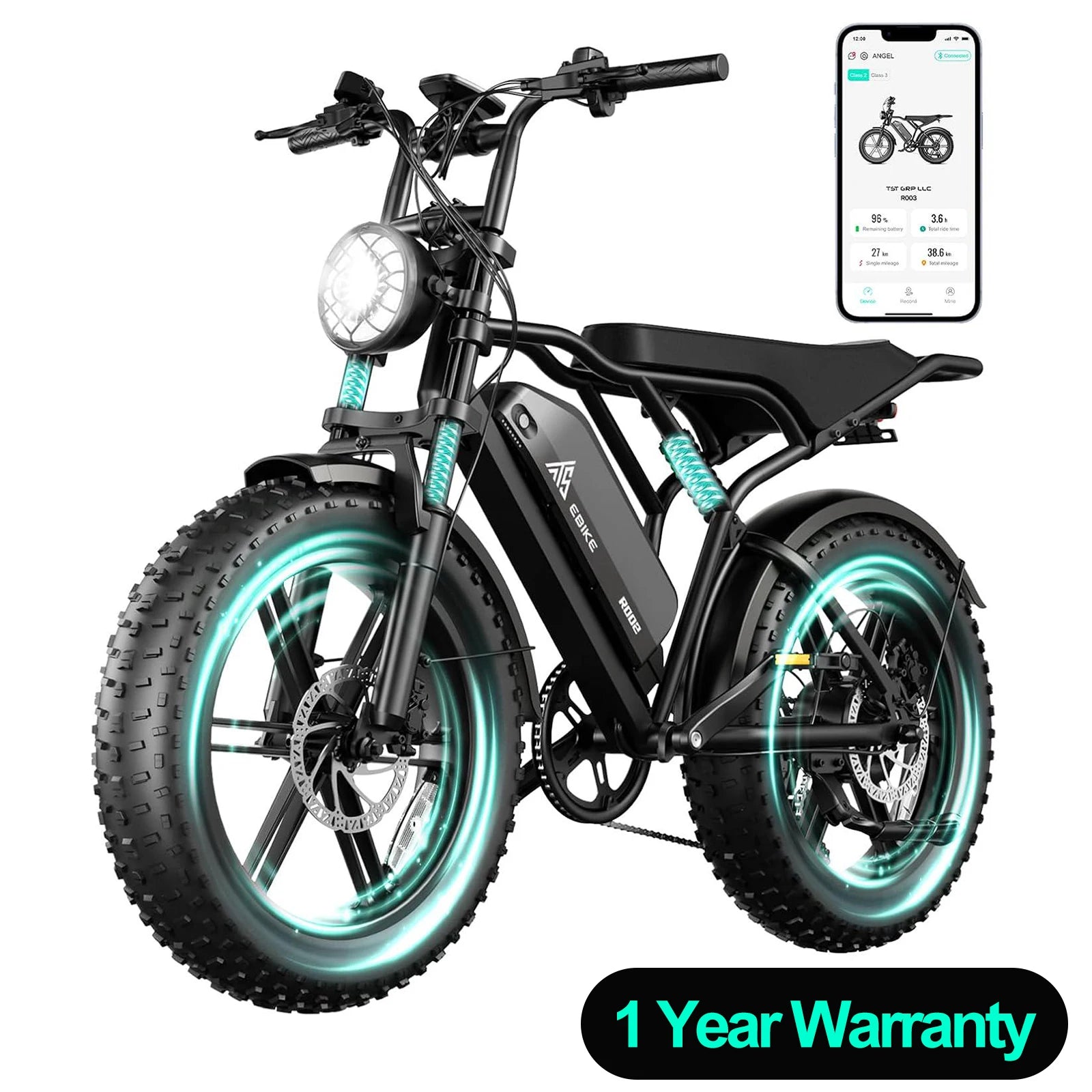 TST R002S 1500W e-bike, 20" fat tires, 60-mile range, 28MPH, 48V 15Ah battery, for all terrains.