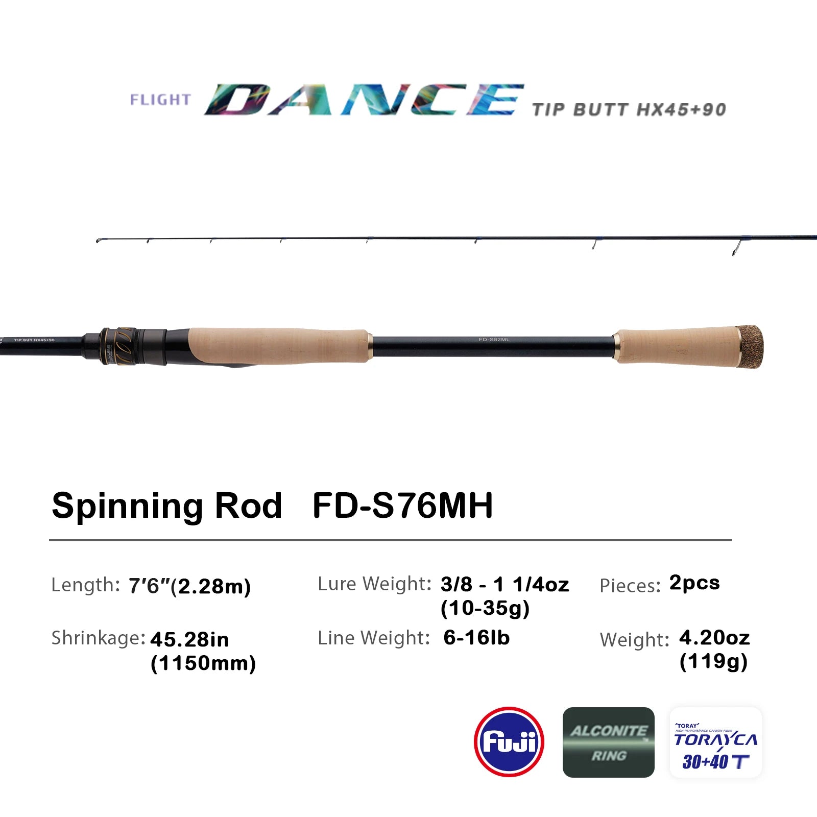 PURELURE Flight Dance Spinning Rod & Baitcaster Rod 30T+40T Carbon Fiber Fishing Rods 2 Piece Fuji Alconite/Fazlite Guides Fuji Reel Seat ML/M/MH/H Power Shore Fishing for Bass